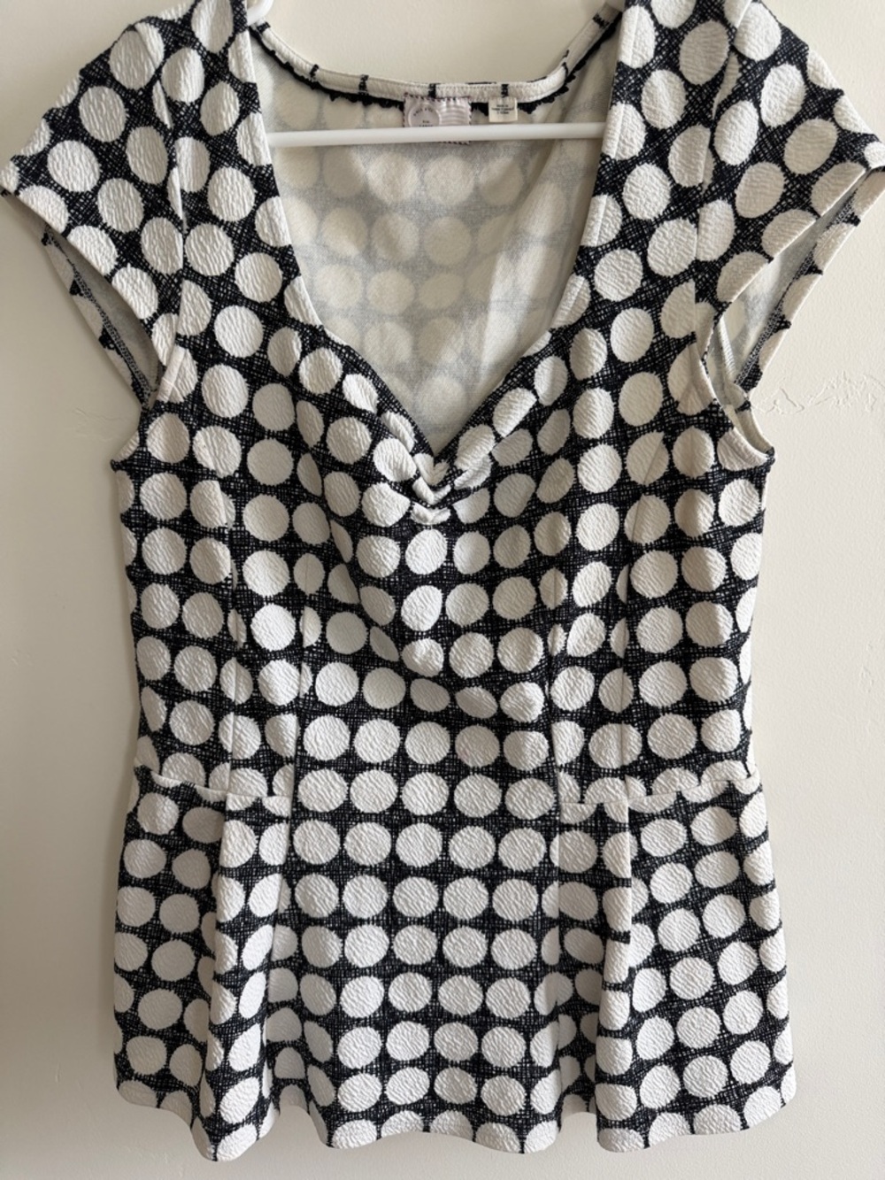 Anthropologie Black & White Polka Dot Peplum V-Neck Top